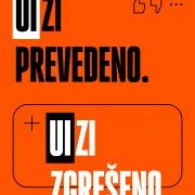 Glavna slika kampanje UIzi prevedeno. UIzi zgrešeno na oranžni podlagi. UIzi zgrešeno je izven okvirčka, ker rešitve AI niso zanesljive.