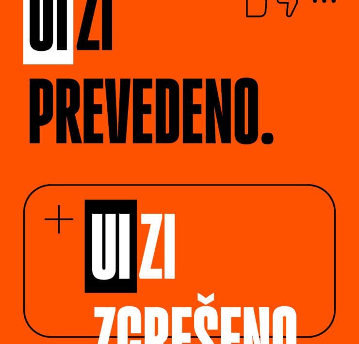 Glavna slika kampanje UIzi prevedeno. UIzi zgrešeno na oranžni podlagi. UIzi zgrešeno je izven okvirčka, ker rešitve AI niso zanesljive.
